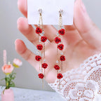 Flower Long Earrings Wild Red Rose Flower Long Rhinestone Tassel Earrings Earrings