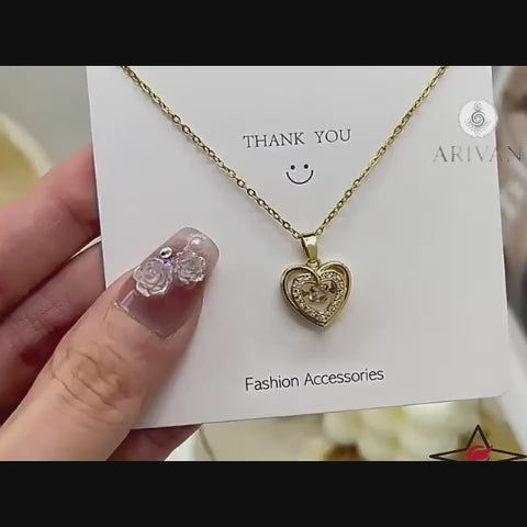 Double-Layer Heart Necklace with Rhinestones – Titanium Steel Pendant, Fashion Jewelry for Women, Perfect Valentine's Day Gift